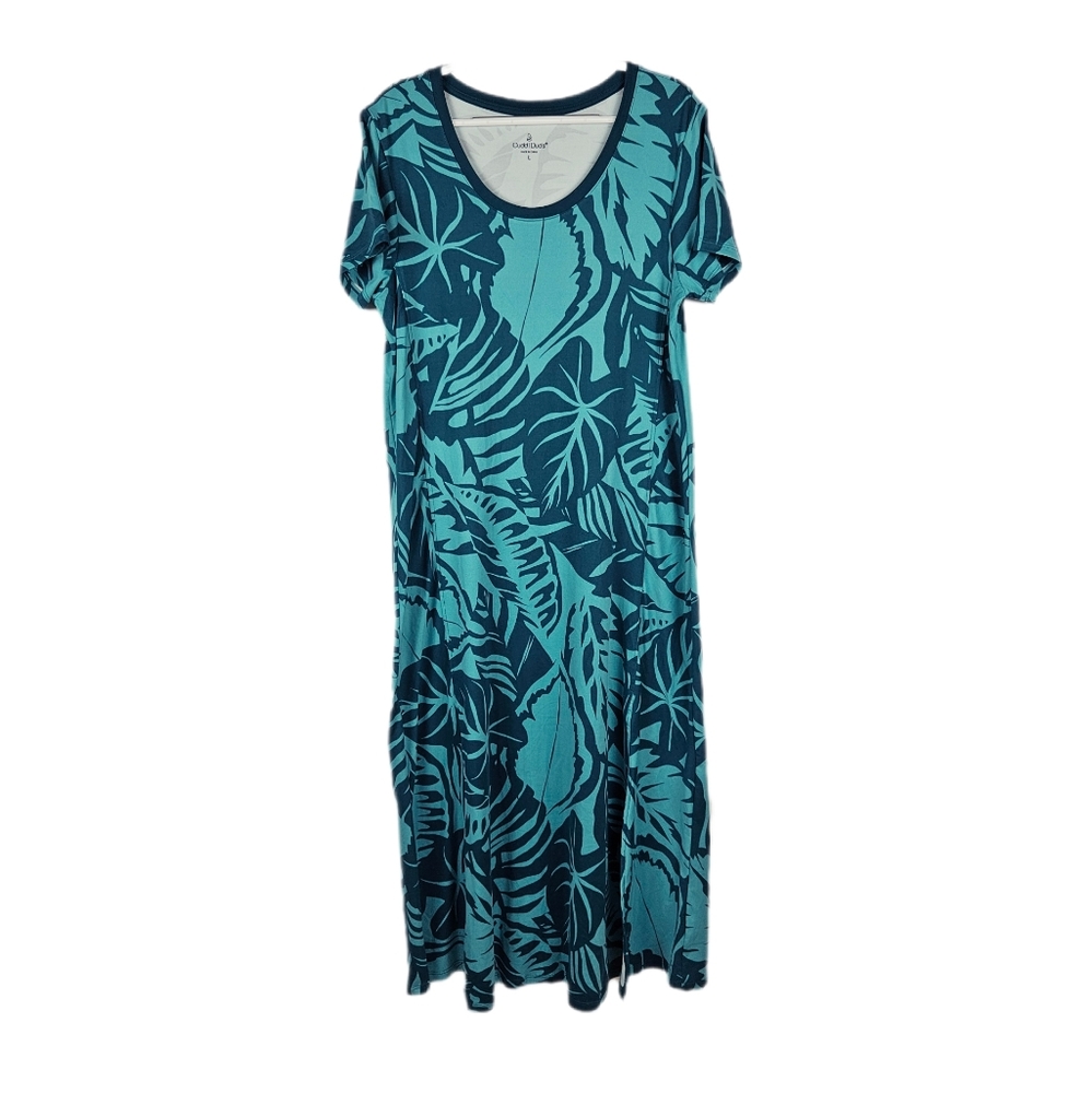 Cuddl Duds Large Midi Dress Teal Blue Palm Leaf Short Sleeve Stretch Lounge Vaca